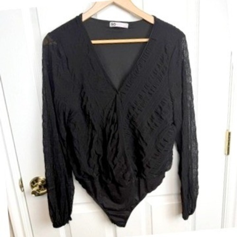 SO Goods For Life Black Textured Long Sleeve V Neck Bodysuit Women's XL Layering